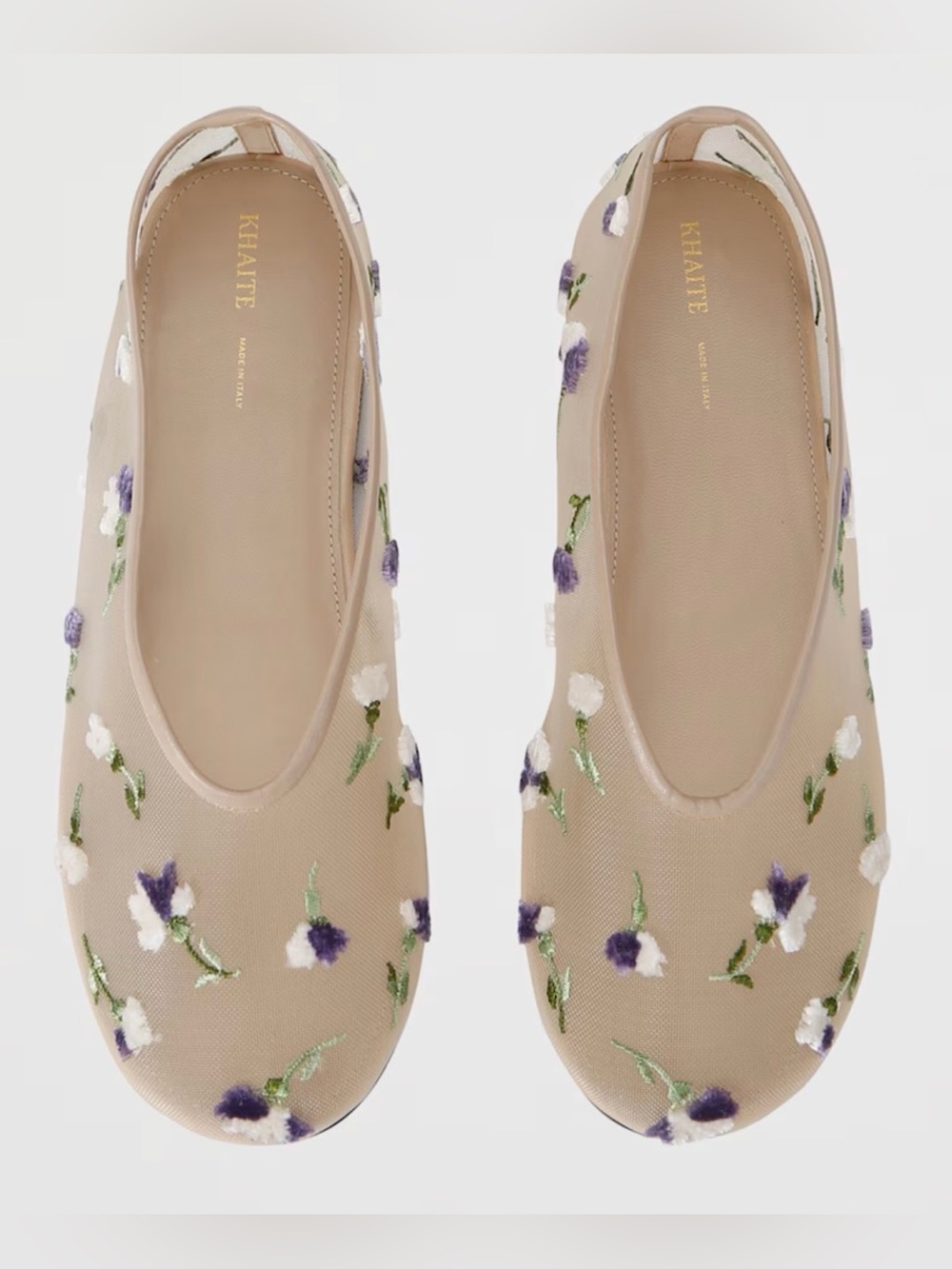 KHAITE Beige Floral Embroidered Ballet Flats with Purple and White Accents 37.5